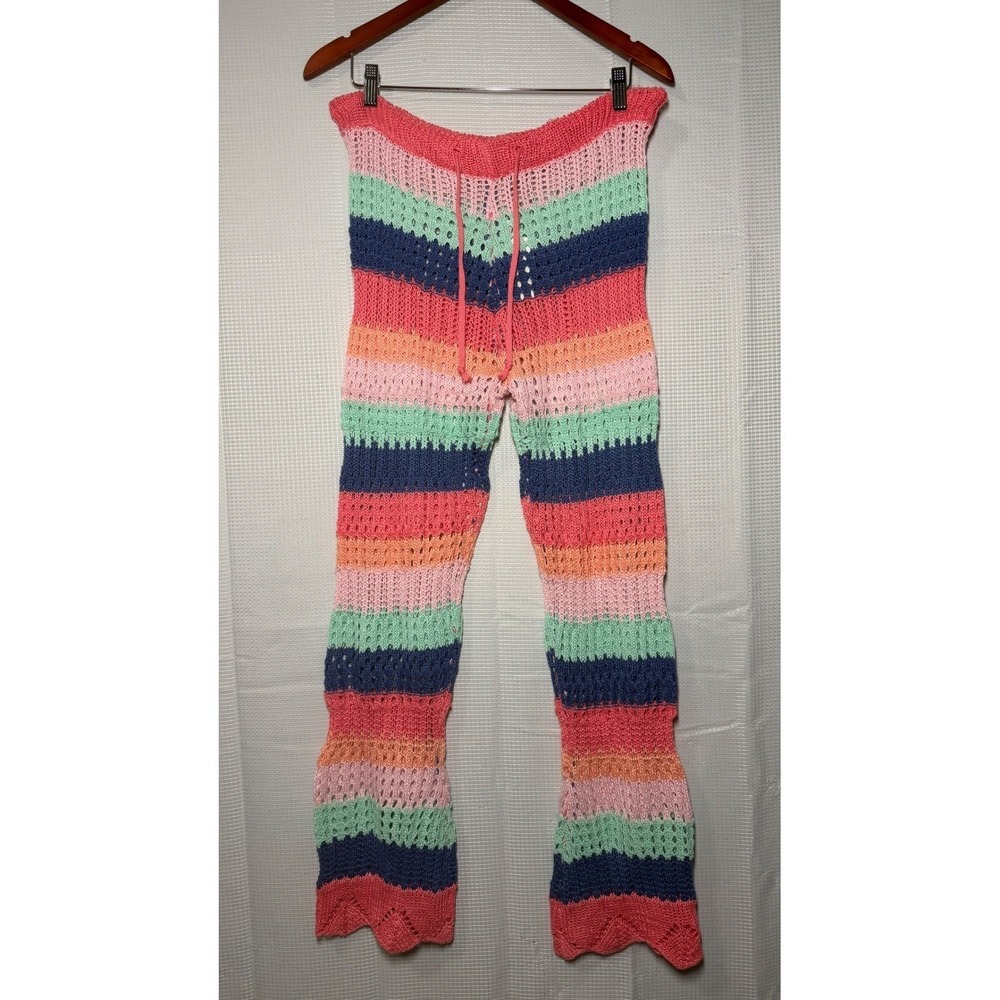 Katydid Womens Crochet‎ Striped Flare Pants Multicolor Boho Beach Size L
